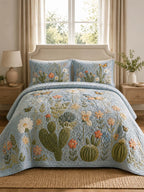 Southwestern Cactus Landscape Quilted 3-Piece Bedding Set – Rustic Western Quilted Bedding with Matching Pillow Shams