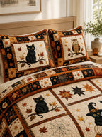 Black Cat Halloween Pumpkin Quilted 3-Piece Bedding Set