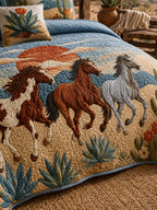 Desert Horse Landscape Quilted 3-Piece Bedding Set – Western Inspired Quilted Bedding with Matching Pillow Shams