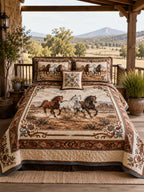 Equestrian Horse Patchwork Quilted 3-Piece Bedding Set – Vintage Country Quilted Bedding with Matching Pillow Shams