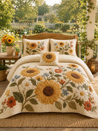 Farmhouse Sunflower Floral Quilted Bedding Set – Cozy Luxury Quilt Bedding with Matching Pillow Shams