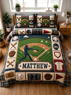 Personalized Baseball Player Field 3-piece quilted bedding set