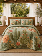 Cactus Garden Floral Quilted 3-Piece Bedding Set – Vintage Desert Style Quilted Bedding with Matching Pillow Shams