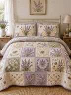 Lavender Bee Quilted 3-Piece Bedding Set – Classic Americana Quilted Bedding With Matching Pillow Shams
