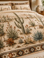 Desert Cactus Quilted 3-Piece Bedding Set – Natural Farmhouse Quilted Bedding with Matching Pillow Shams