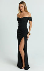 Marcel Maxi Dress - Off Shoulder Corset High Split Dress in Black