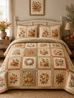 Pumpkin Harvest Quilted 3-Piece Bedding Set – Vintage Farmhouse Quilted Bedding With Matching Pillow Shams