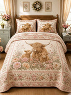 Highland Cow Family Floral Garden 3-Piece Quilted Bedding Set