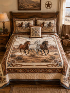 Equestrian Horse Patchwork Quilted 3-Piece Bedding Set – Vintage Country Quilted Bedding with Matching Pillow Shams