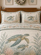 Vintage Nautical Ocean Turtle Seagrass Floral 3‐Piece Quilted Bedding Set