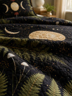 Moonlit Mushroom Forest Quilted 3-Piece Bedding Set – Dark Botanical Quilted Bedding With Matching Pillow Shams