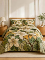 Ivory Magnolia Quilted 3-Piece Bedding Set – Vintage Botanical Quilted Bedding With Matching Pillow Shams