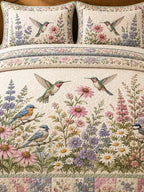 Vintage Garden Bird Mixed Floral Patchwork 3‐Piece Quilted Bedding Set