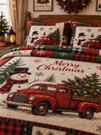 Snowman Red Truck Farmhouse Christmas 3‐Piece Quilted Bedding Set