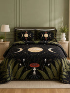 Moonlit Mushroom Forest Quilted 3-Piece Bedding Set – Dark Botanical Quilted Bedding With Matching Pillow Shams