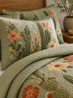 Cactus Garden Floral Quilted 3-Piece Bedding Set – Vintage Desert Style Quilted Bedding with Matching Pillow Shams
