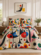 Miro‐Style Abstract Artwork Quilted 3‐Piece Bedding Set