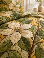 Ivory Magnolia Quilted 3-Piece Bedding Set – Vintage Botanical Quilted Bedding With Matching Pillow Shams