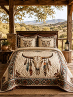 Longhorn Skull Western Quilted 3-Piece Bedding Set – Vintage Ranch Style Quilted Bedding with Matching Pillow Shams