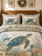 Vintage Ocean Turtle Beach Floral Patchwork 3‐Piece Quilted Bedding Set