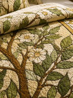 Tree of Life Quilted 3-Piece Bedding Set – Vintage Stained Glass Botanical Quilted Bedding With Matching Pillow Shams